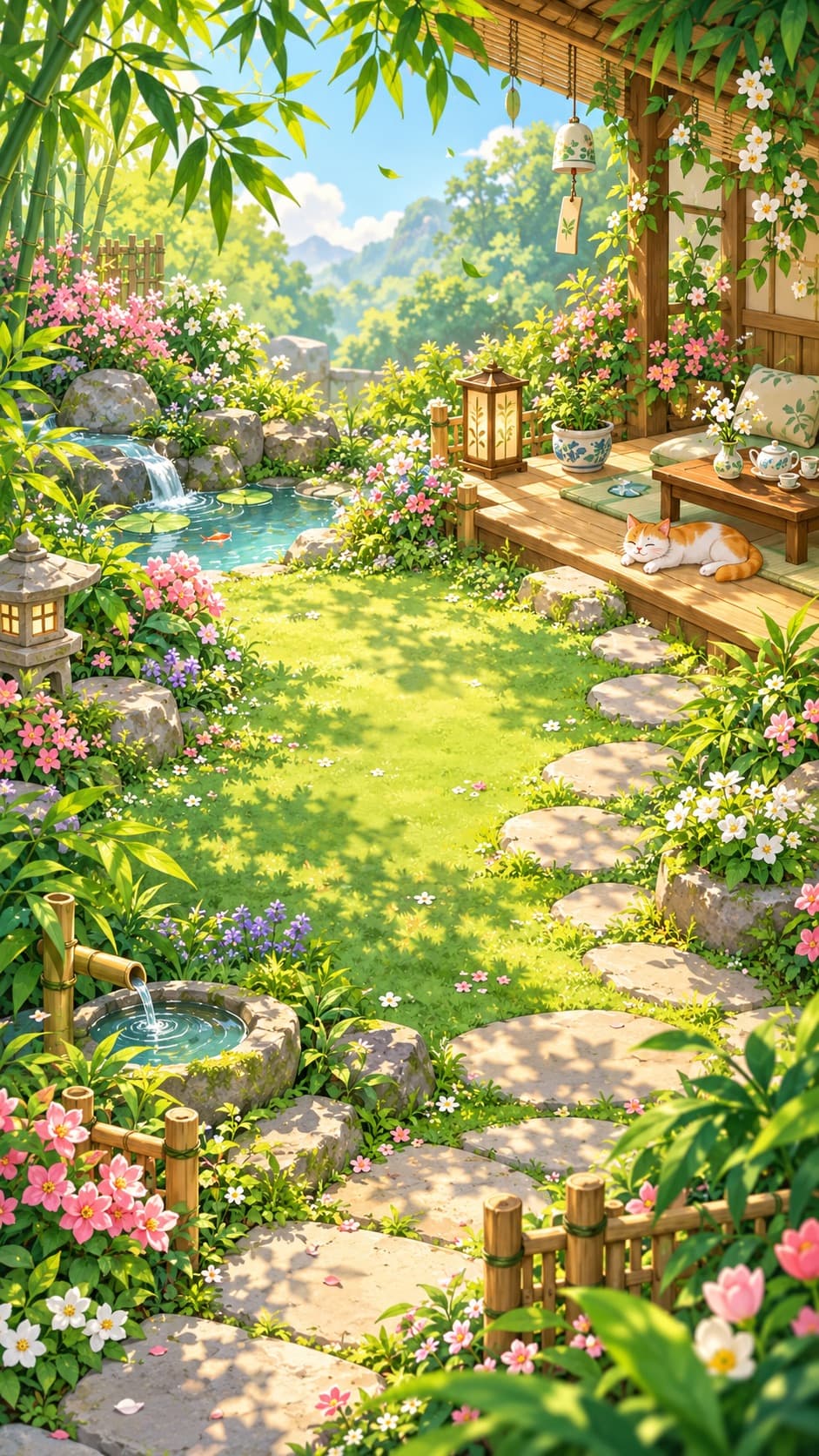 A sunny, restored garden with a pond, stepping stones and a cat sleeping on the porch
